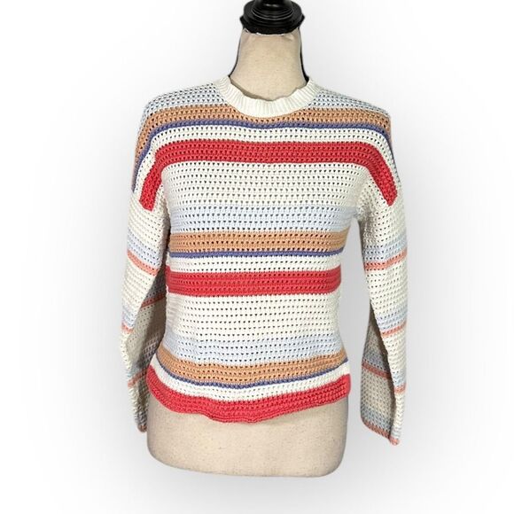 Joie Diza Pullover Sweater Women's XS Ivory Red Striped Crochet Long Sleeve RTR - Picture 3 of 14